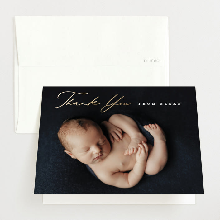"Stylish Meet" - Foil-Pressed Birth Announcement Thank You Cards in Cotton by Carolyn MacLaren - Front