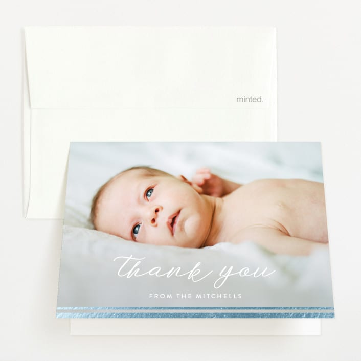 "Stripe Bottom" - Foil-Pressed Birth Announcement Thank You Cards in Cotton by Carolyn MacLaren - Front
