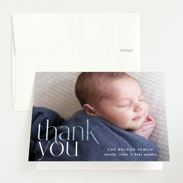 "Well, Hello" - Foil-Pressed Birth Announcement Thank You Cards in Blue Jay by Hooray Creative - Front