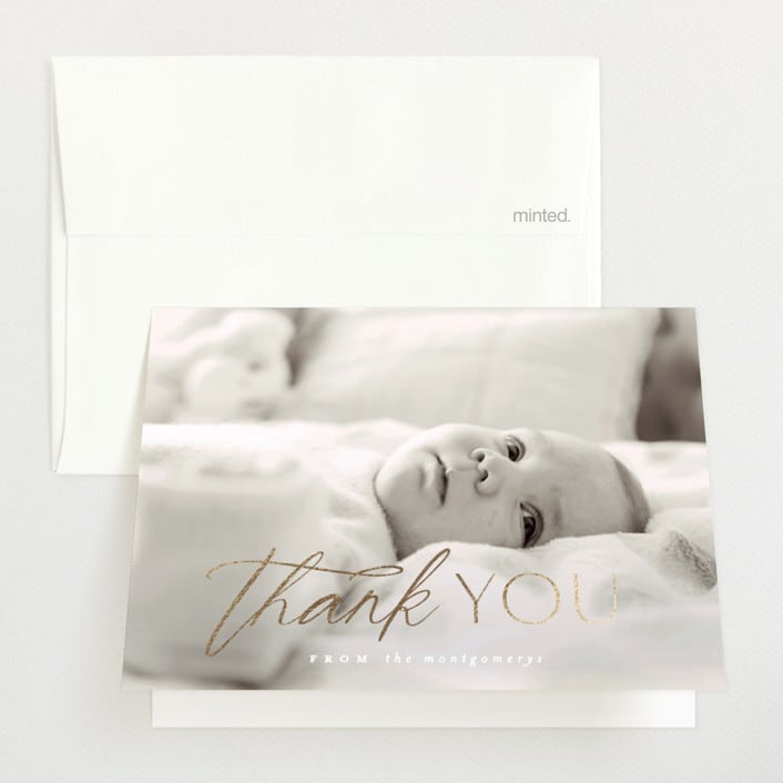 "Flourished" - Foil-Pressed Birth Announcement Thank You Cards in Ice by Everett Paper Goods - Front