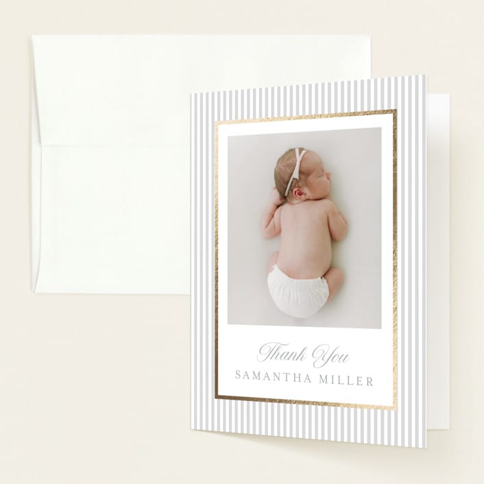 "Minimal stripes" - Foil-Pressed Birth Announcement Thank You Cards in Cloud by Teju Reval - Front