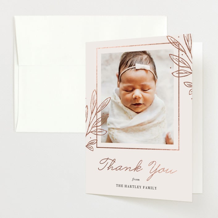"Modern Botanica" - Foil-Pressed Birth Announcement Thank You Cards in Rose by Oma N. Ramkhelawan - Front