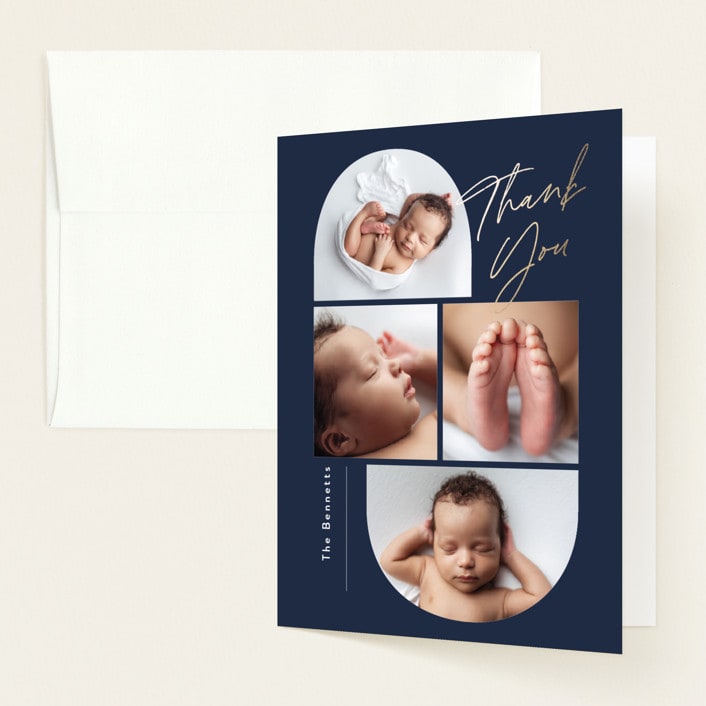 "So Current" - Foil-Pressed Birth Announcement Thank You Cards in Navy by Carolyn MacLaren - Front