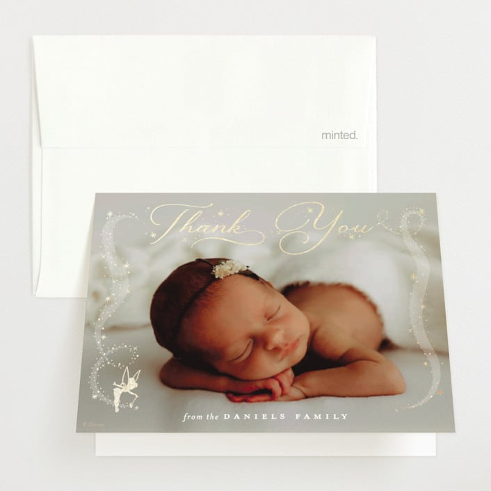 "Disney's Tinkerbell Dreams Come True Birth Announcement" - Foil-Pressed Birth Announcement Thank You Cards in Stardust by Kamala Nahas - Front