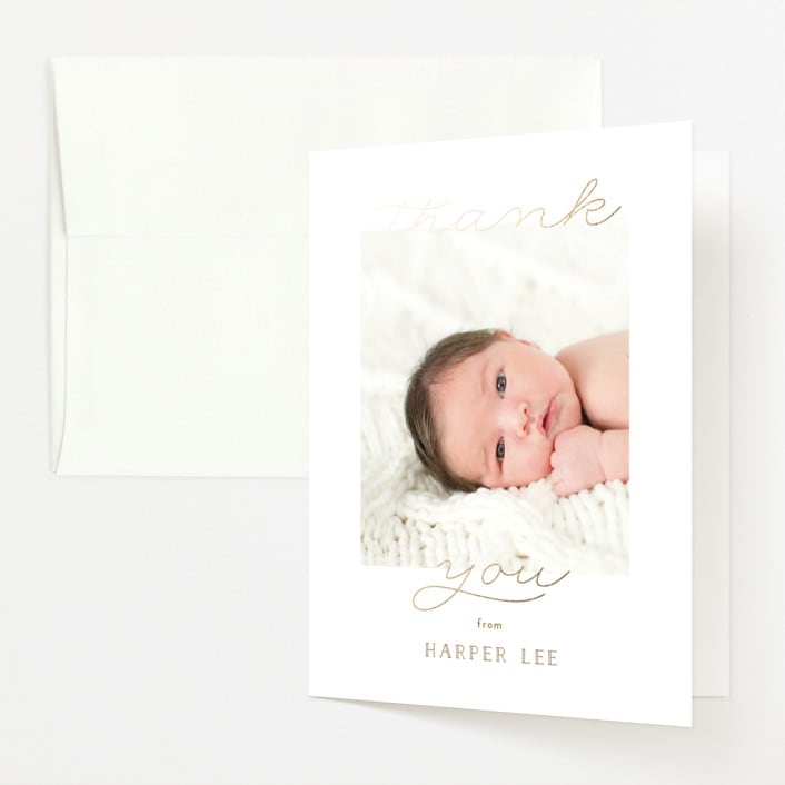 "Glittering Hello" - Foil-Pressed Birth Announcement Thank You Cards in Honey by Carolyn MacLaren - Front