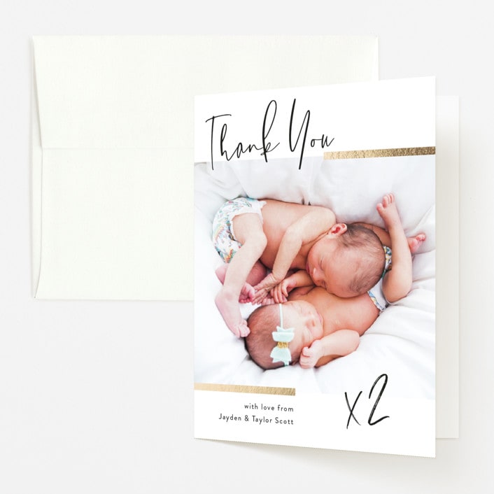 "Double the Love" - Foil-Pressed Birth Announcement Thank You Cards in Silk by Pink House Press - Front