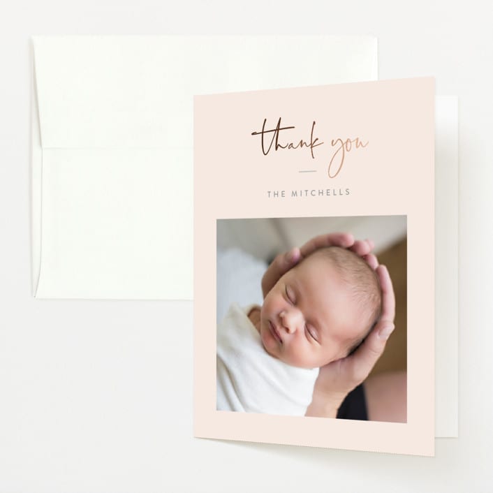 "Scripted Introductions" - Foil-Pressed Birth Announcement Thank You Cards in Cream by Carolyn MacLaren - Front