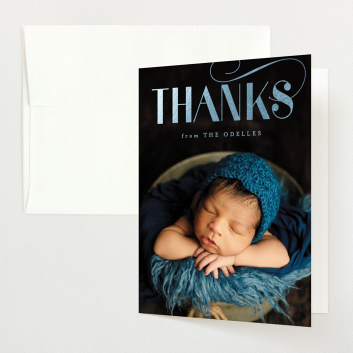 "Flourish" - Foil-Pressed Birth Announcement Thank You Cards in Pool by Carolyn MacLaren - Front