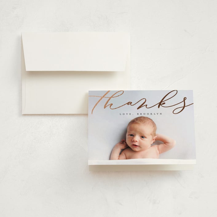 "Welcome Ribbon" - Foil-Pressed Birth Announcement Thank You Cards in Charcoal by Erica Krystek - Front