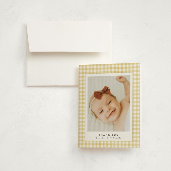 "Gingham" - Birth Announcement Thank You Cards in Marigold by Jessie Steury - Front
