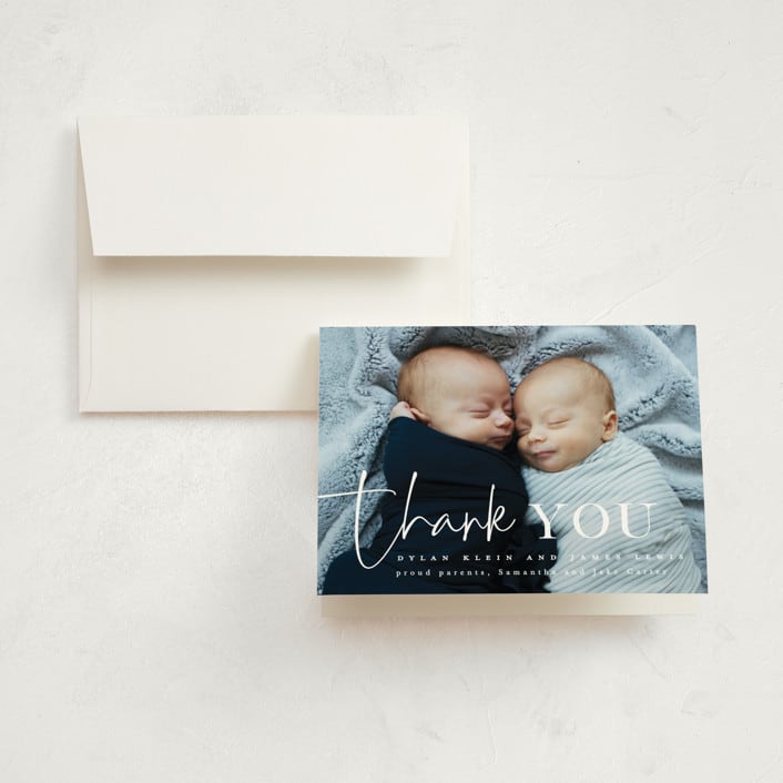 "Two Cute" - Birth Announcement Thank You Cards in Silk by Creo Study - Front
