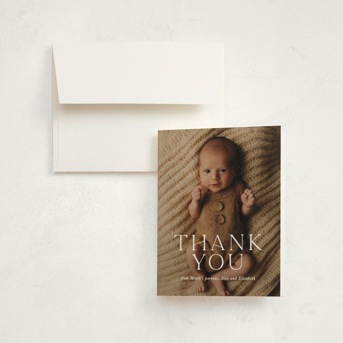 "Refined" - Birth Announcement Thank You Cards in Powder by Melissa Egan of Pistols - Front