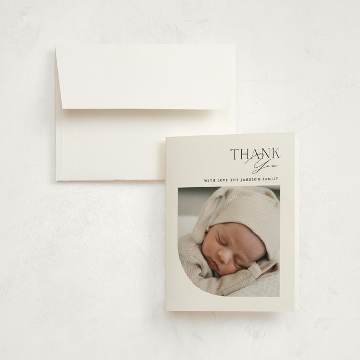 "Modern Arc" - Birth Announcement Thank You Cards in Snow by Erin Deegan - Front