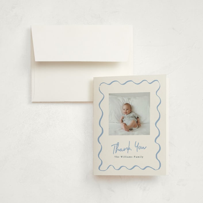"handdrawn wavy frame" - Birth Announcement Thank You Cards in Dusty Blue by Cass Loh - Front