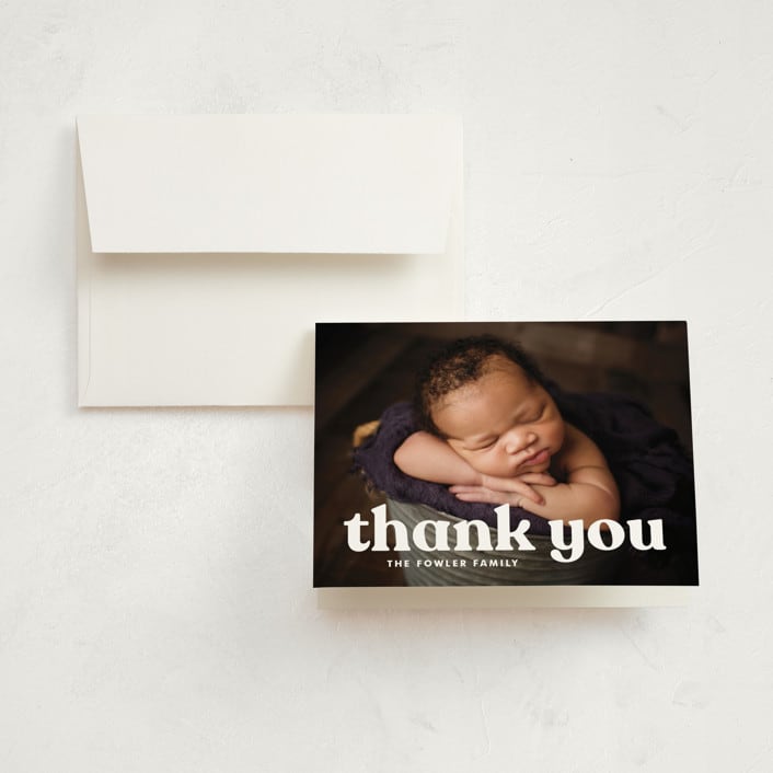 "Modern Vintage" - Birth Announcement Thank You Cards in Ghost by Lea Delaveris - Front