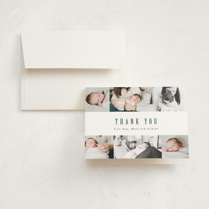 "Photo Stripes" - Birth Announcement Thank You Cards in Steel Blue by Ana Sharpe - Front