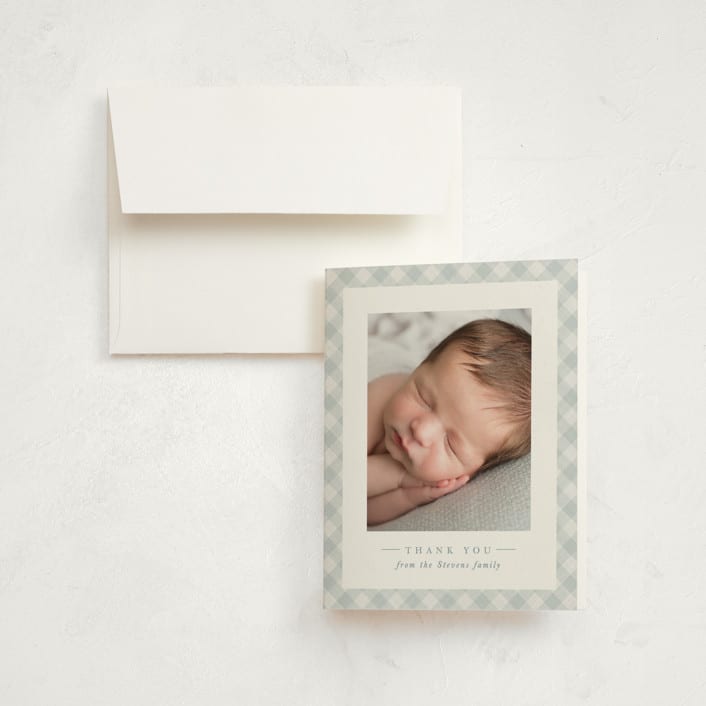 "Checked" - Birth Announcement Thank You Cards in Sky by Lea Delaveris - Front