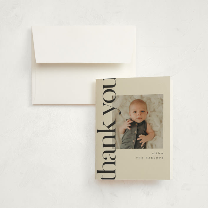 "Editorial" - Birth Announcement Thank You Cards in Cream by Ellen Schlegelmilch - Front