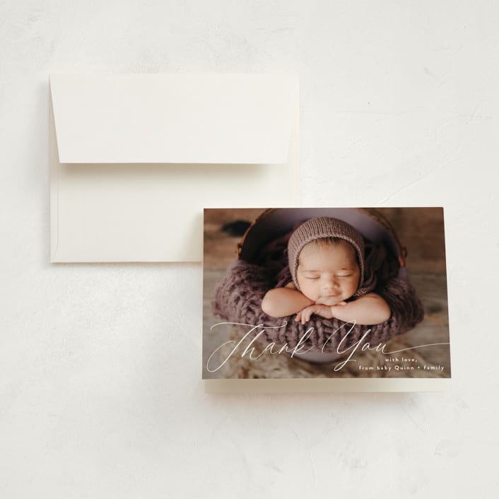 "Swoop" - Birth Announcement Thank You Cards in Cloud by Jackie Crawford - Front