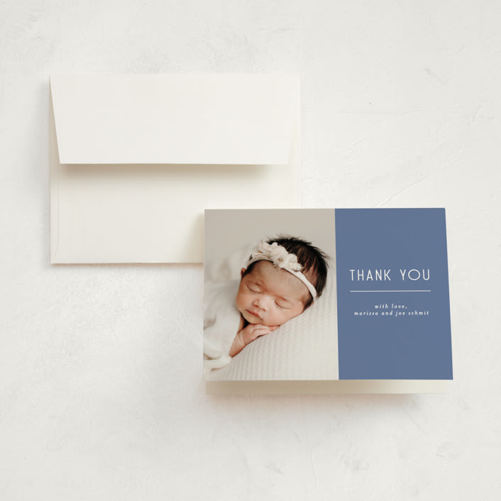 "Sweetly modern" - Birth Announcement Thank You Cards in Denim by Lisa Assenmacher - Front