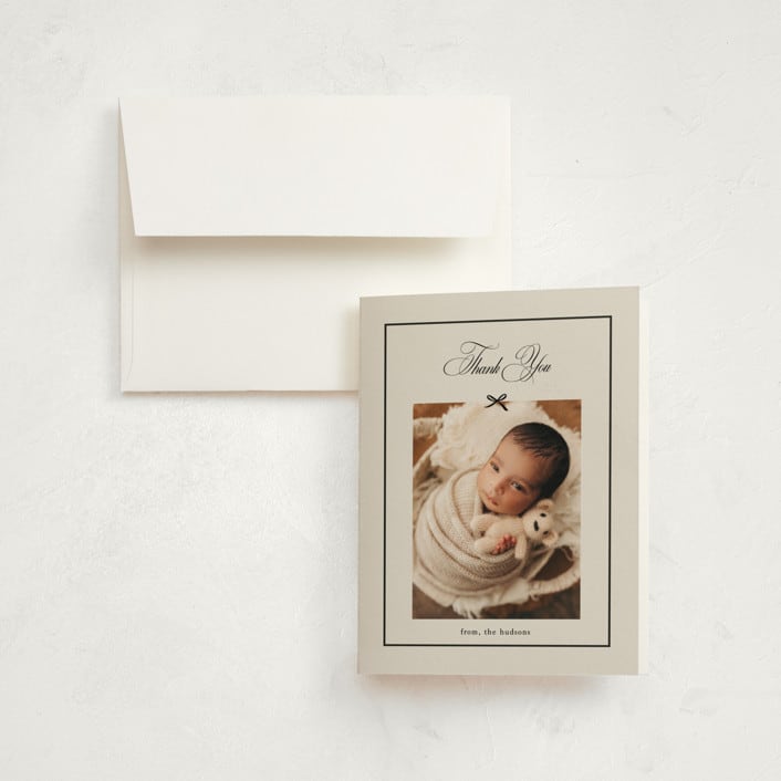 "Elegant Bow Holiday" - Birth Announcement Thank You Cards in Charcoal by Chelsea Petaja - Front