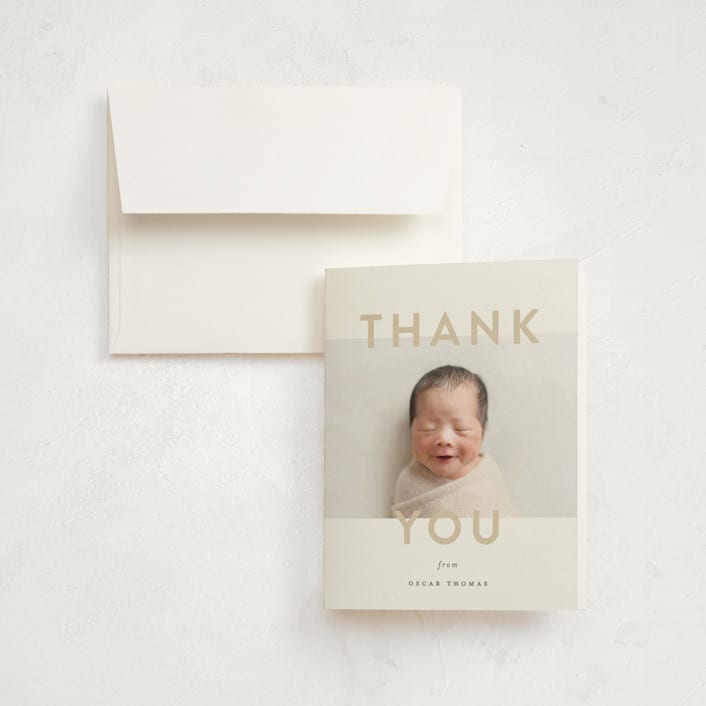 "Trio Overlay" - Birth Announcement Thank You Cards in Sand by Carolyn MacLaren - Front