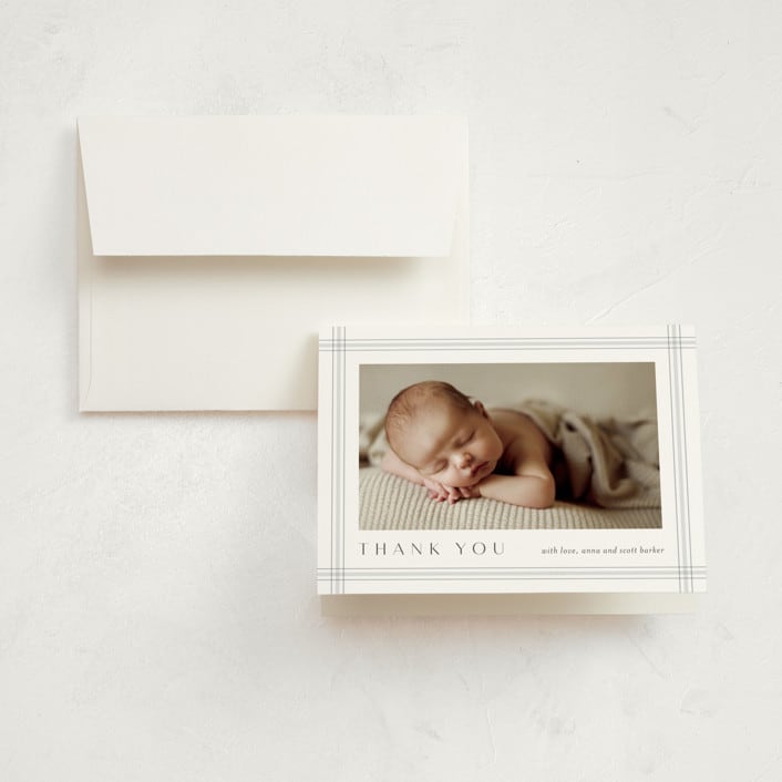"Soft plaid" - Birth Announcement Thank You Cards in Cement by Stacey Meacham - Front