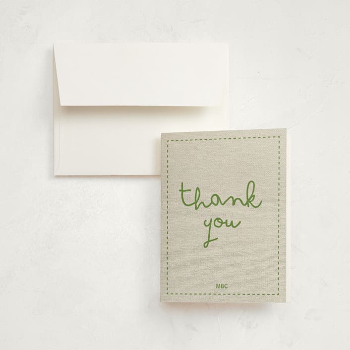 "Stitched Together" - Birth Announcement Thank You Cards in Mint by Ashley Langlais - Front