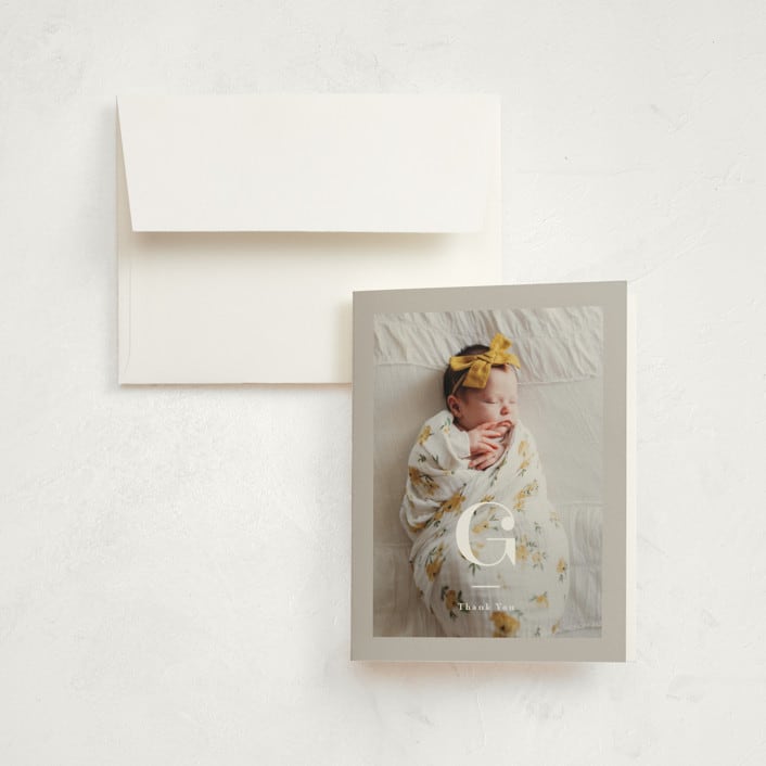 "Initial Love" - Birth Announcement Thank You Cards in Gray by Carolyn MacLaren - Front