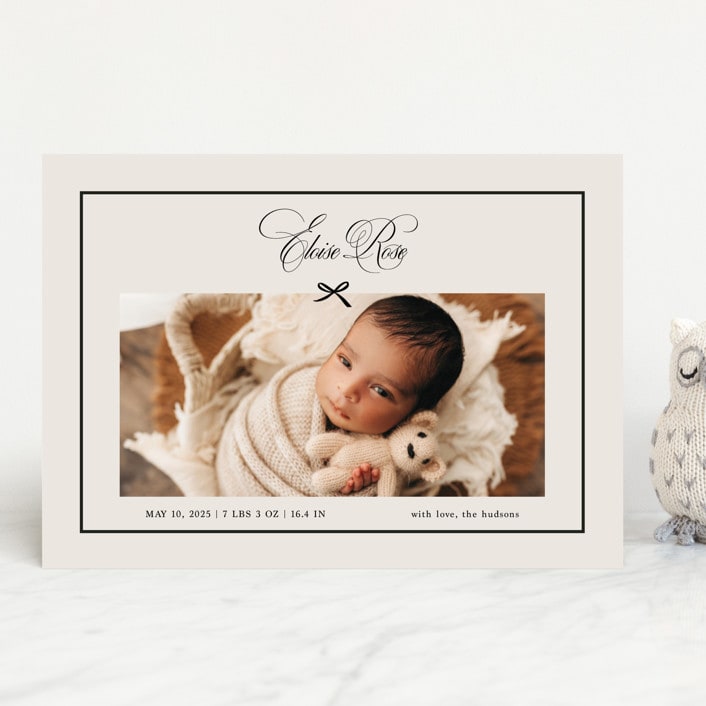 "Elegant Bow Holiday" - Birth Announcements in Charcoal by Chelsea Petaja - Front