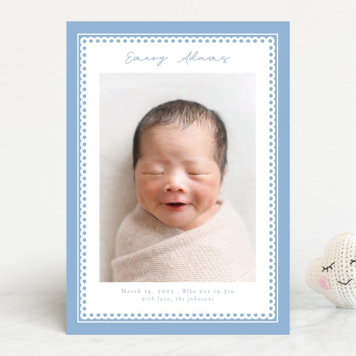 "Stitched Frame" - Birth Announcements in Sky by Nicole Walsh - Front