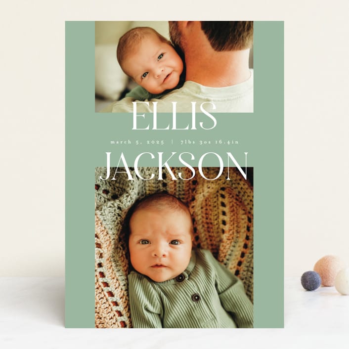 "Double Time" - Birth Announcements in Aloe by Pixel and Hank - Front