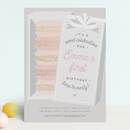 "Macaron Parlor" - Children's Birthday Party Invitations in Mist by Jennifer Lew - Front