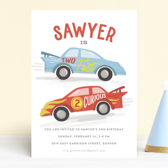 "Two Fast" - Children's Birthday Party Invitations in Racing Red by Jessie Steury - Front
