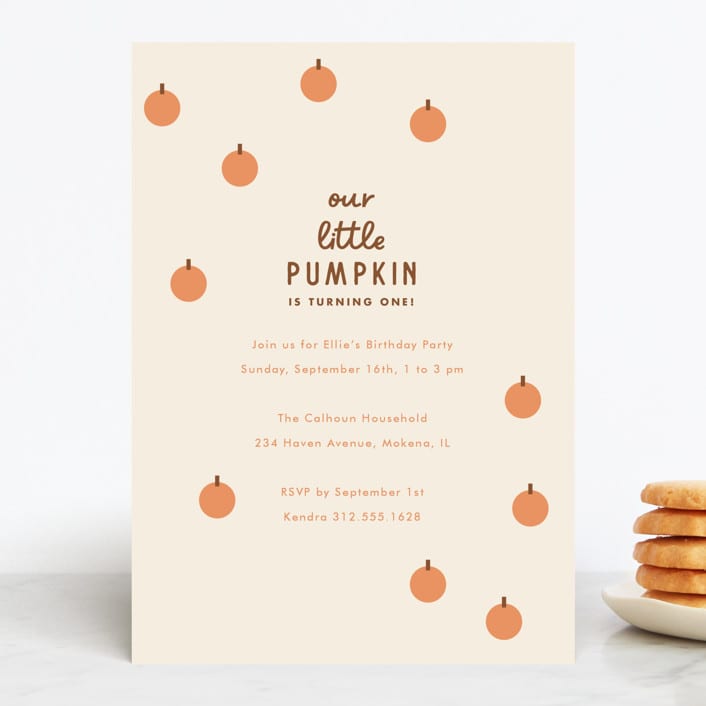 "A Little Pumpkin" - Children's Birthday Party Invitations in Pumpkin by Baumbirdy - Front