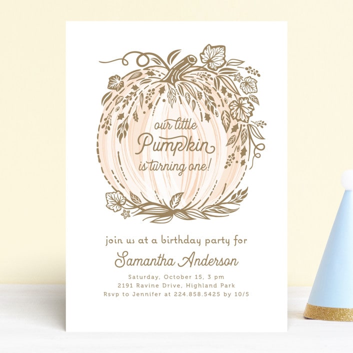 "Little Pumpkin" - Children's Birthday Party Invitations in Peach by Paper Sun Studio - Front