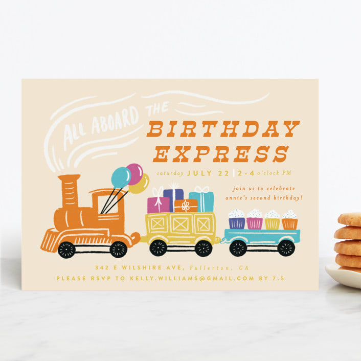 "The Birthday Express" - Children's Birthday Party Invitations in Sunset by Shiny Penny Studio - Front