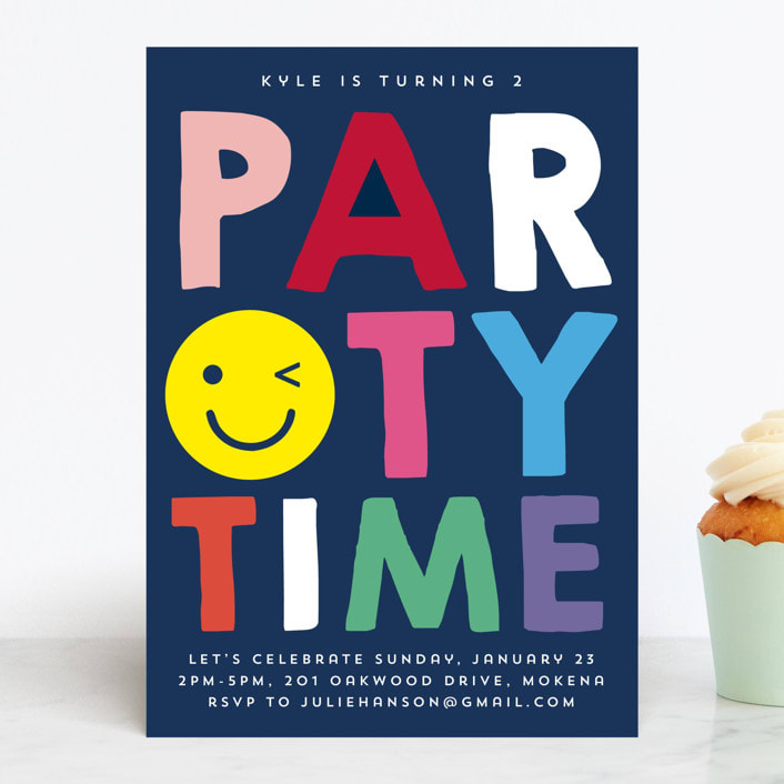 "Emoji Party" - Children's Birthday Party Invitations in Navy by Baumbirdy - Front
