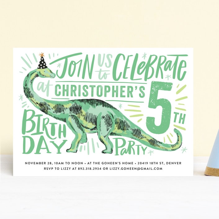 "Dino Party Hat" - Children's Birthday Party Invitations in Fern by Alethea and Ruth - Front