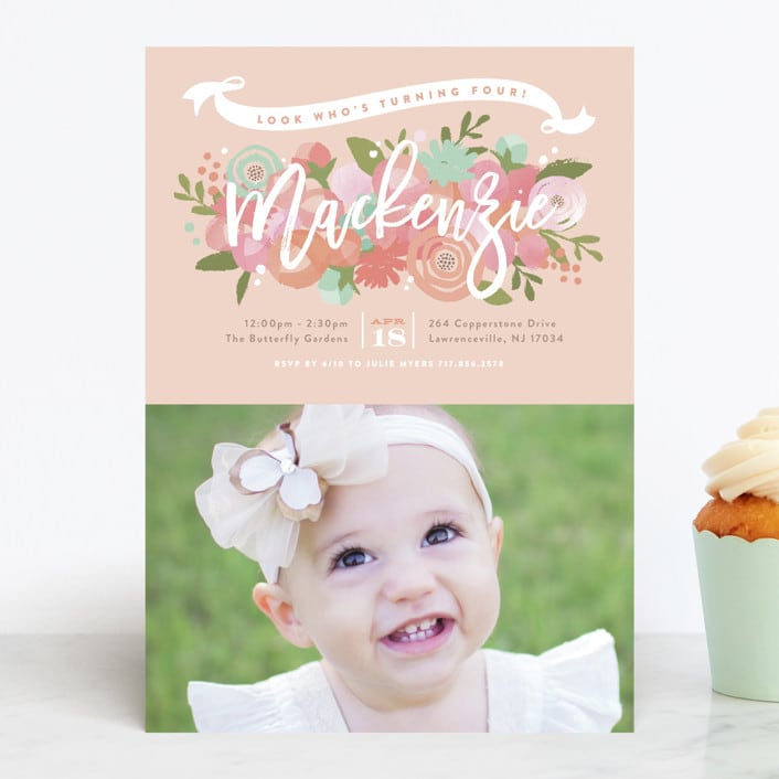 "Blooming Peonies" - Children's Birthday Party Invitations in Peach by Jennifer Wick - Front
