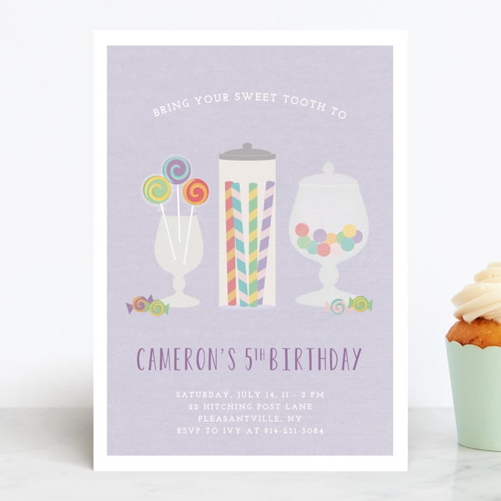 "Candy Shoppe" - Children's Birthday Party Invitations in Lavender by Annie Holmquist - Front