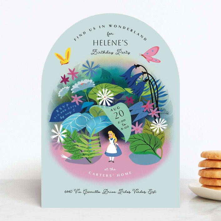 "Disney's Alice in Wonderland in the Flower Garden" - Children's Birthday Party Invitations in Aqua by Becky Nimoy - Front
