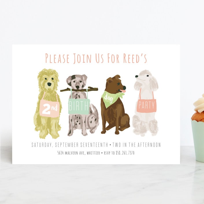 "Puppy Line-Up" - Children's Birthday Party Invitations in Peony by Shiny Penny Studio - Front