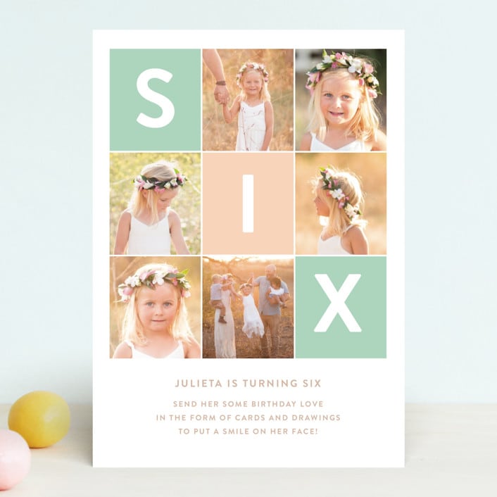 "Simply Six" - Children's Birthday Party Invitations in Seafoam by Joanne James - Front