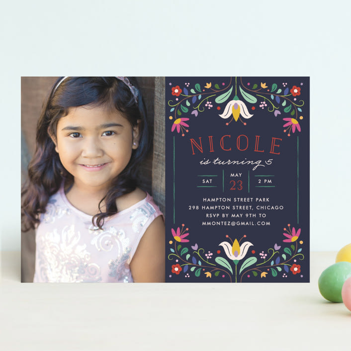 "Folk Florals" - Children's Birthday Party Invitations in Navy by Amber Barkley - Front
