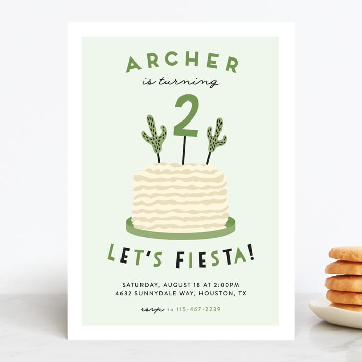 "Let's Fiesta" - Children's Birthday Party Invitations in Sage by Jen Banks - Front