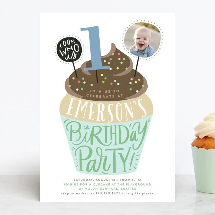 "Cupcake Topper" - Children's Birthday Party Invitations in Turquoise by Alethea and Ruth - Front