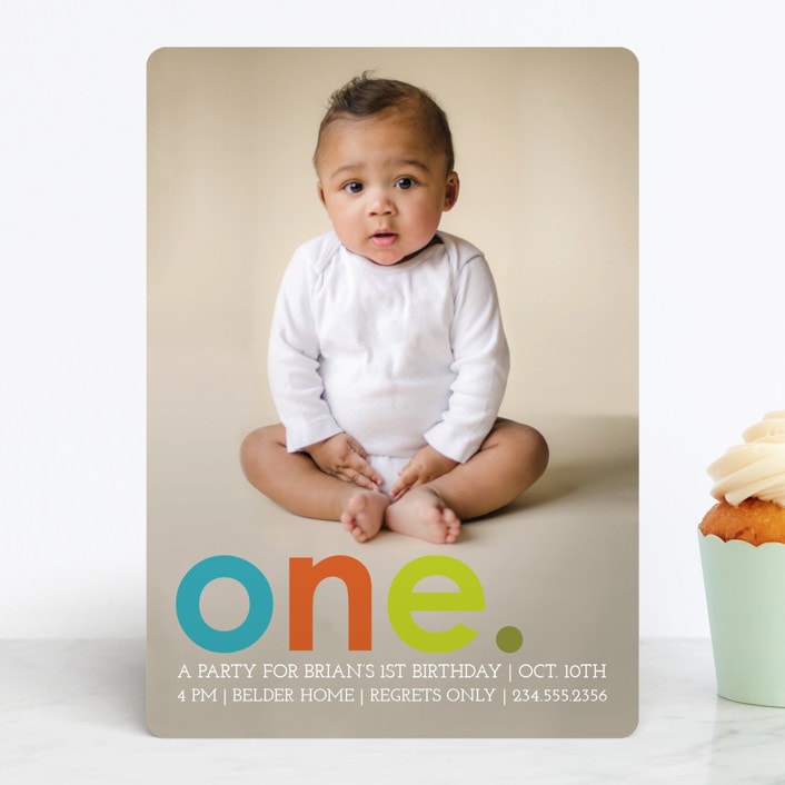 "Colorful One" - Children's Birthday Party Invitations in Teal by Denise Malacrea - Front