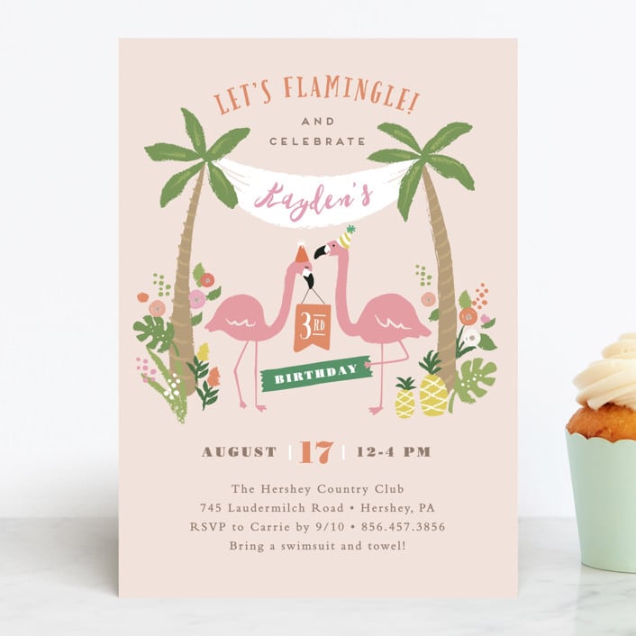 "Let's flamingle!" - Children's Birthday Party Invitations in Cotton Candy by Jennifer Wick - Front