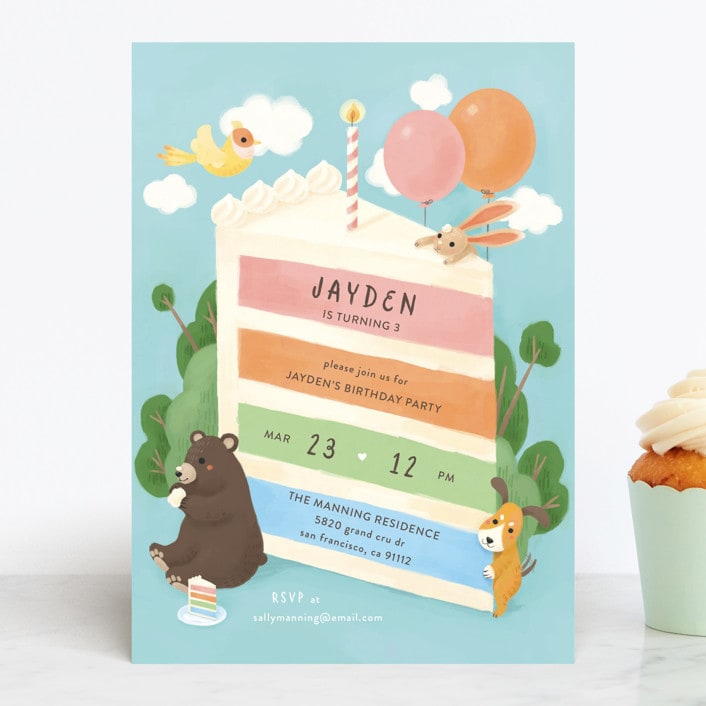"Cake Party" - Children's Birthday Party Invitations in Sky by Shannon Chen of Four Wet Feet Studio - Front
